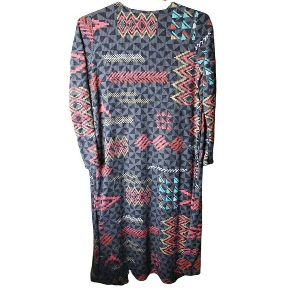 LuLaRoe Sarah Cardigan Duster Size Small Grey Orange Teal Patterned Pockets - Picture 2 of 6